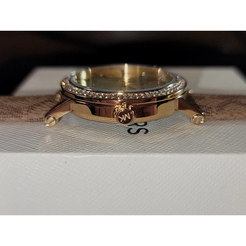 Michael Kors woman's 3 hand watch Corey crystals brown logo band NWT MKO1026
